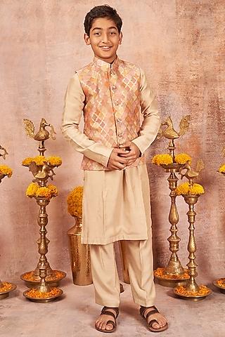 beige cotton silk kurta set with bundi jacket for boys