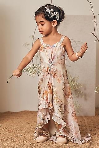 beige crepe printed & embroidered dress for girls