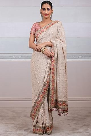 beige embroidered chikankari saree set