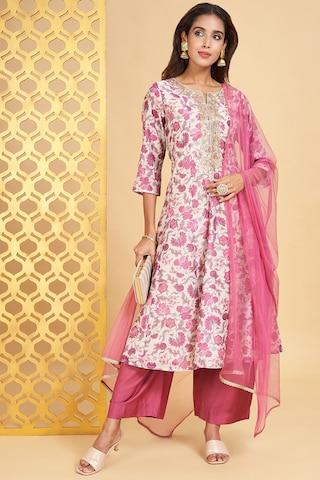 beige embroidered ethnic 3/4th sleeves round neck women regular fit  pant kurta dupatta set