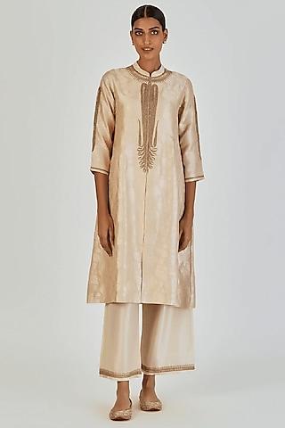 beige fine banarasi silk marodi embroidered kurta set