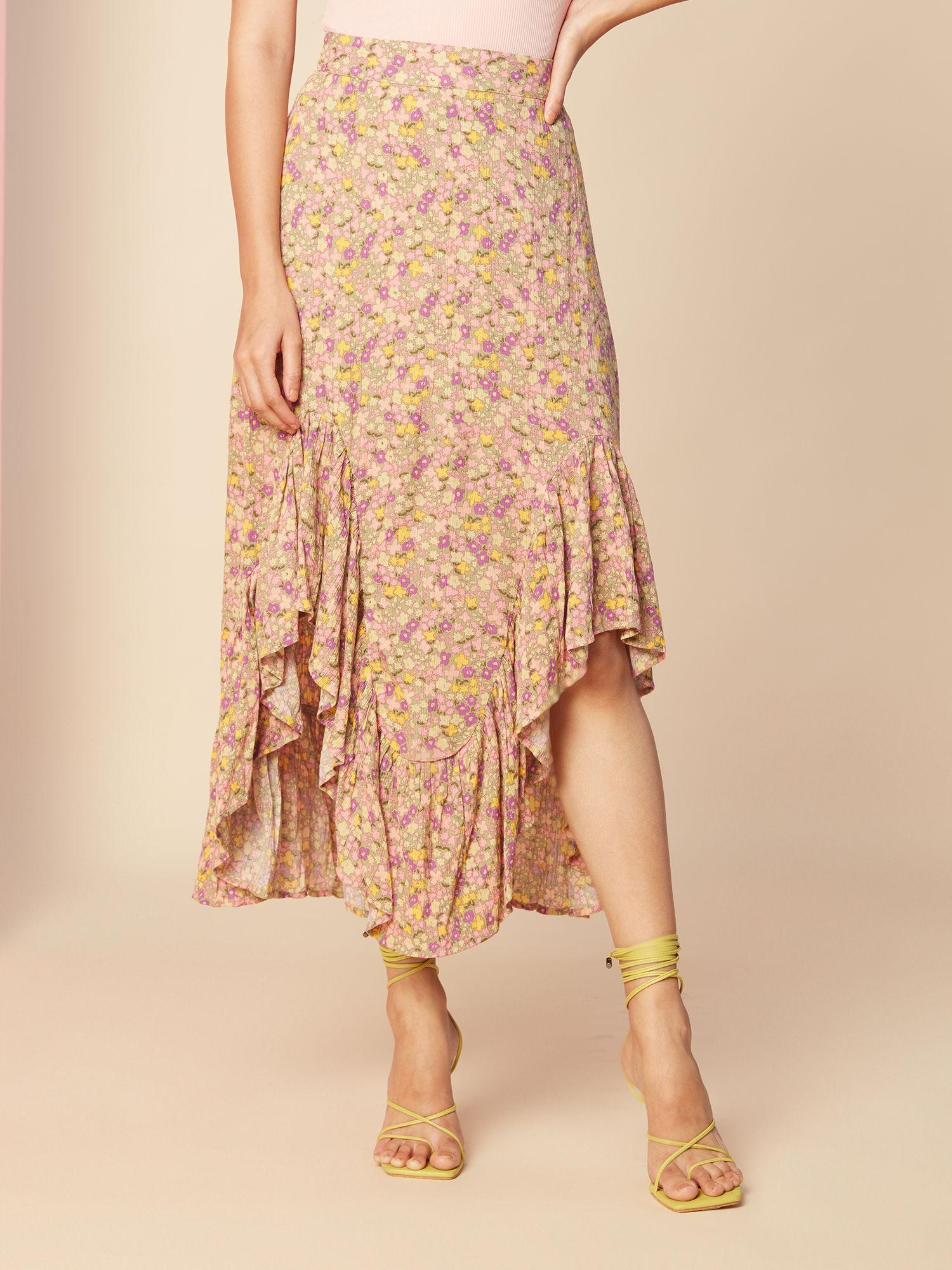 beige floral printed asymmetric midi skirt