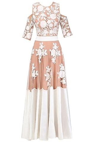 beige floral work cold shoulder blouse and lehenga set