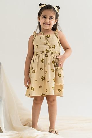 beige hand printed dress for girls