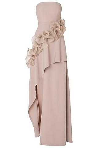 beige high-low tube ruffled gown