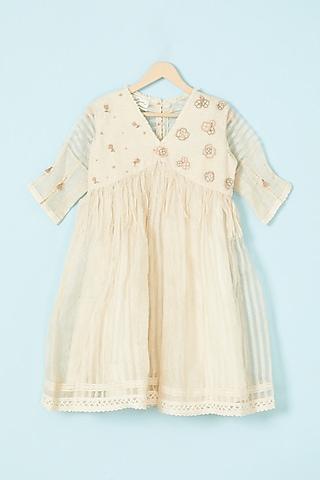 beige jute silk hand embroidered dress for girls