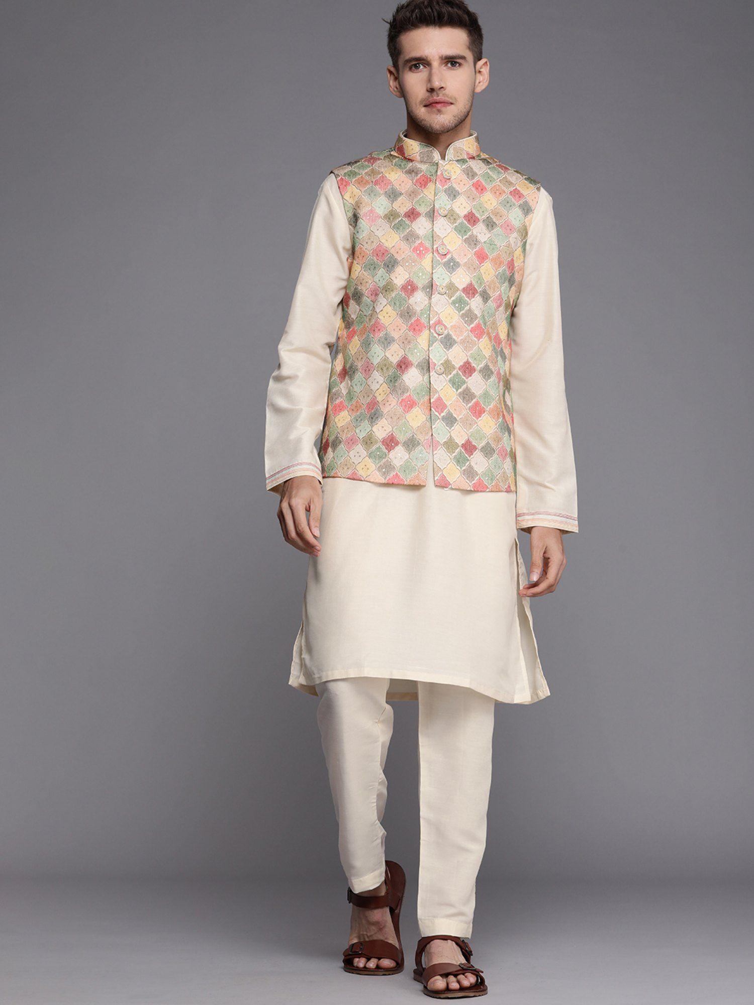 beige kurta pyjama with nehru jacket (set of 3)