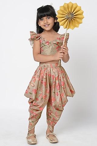 beige lurex muslin printed co-ord set for girls