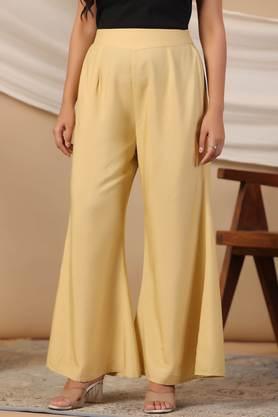 beige modal rayon women partially elasticated bell bottom pants with single side pocket - gold