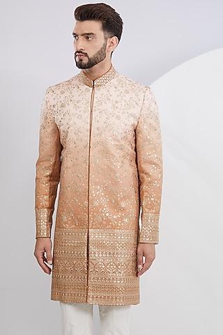 beige ombre silk embroidered sherwani