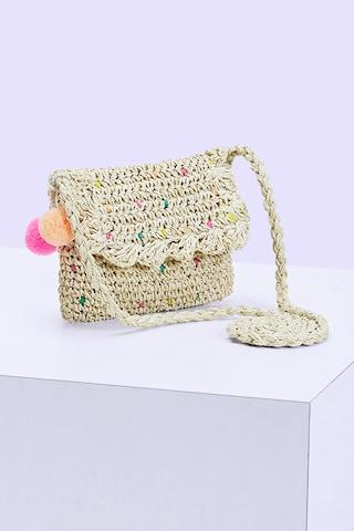 beige patterned casual jute girls small bag
