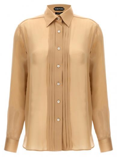 beige pleated plastron shirt