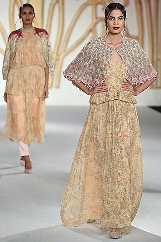 beige printed drape gown with peach scallop cape