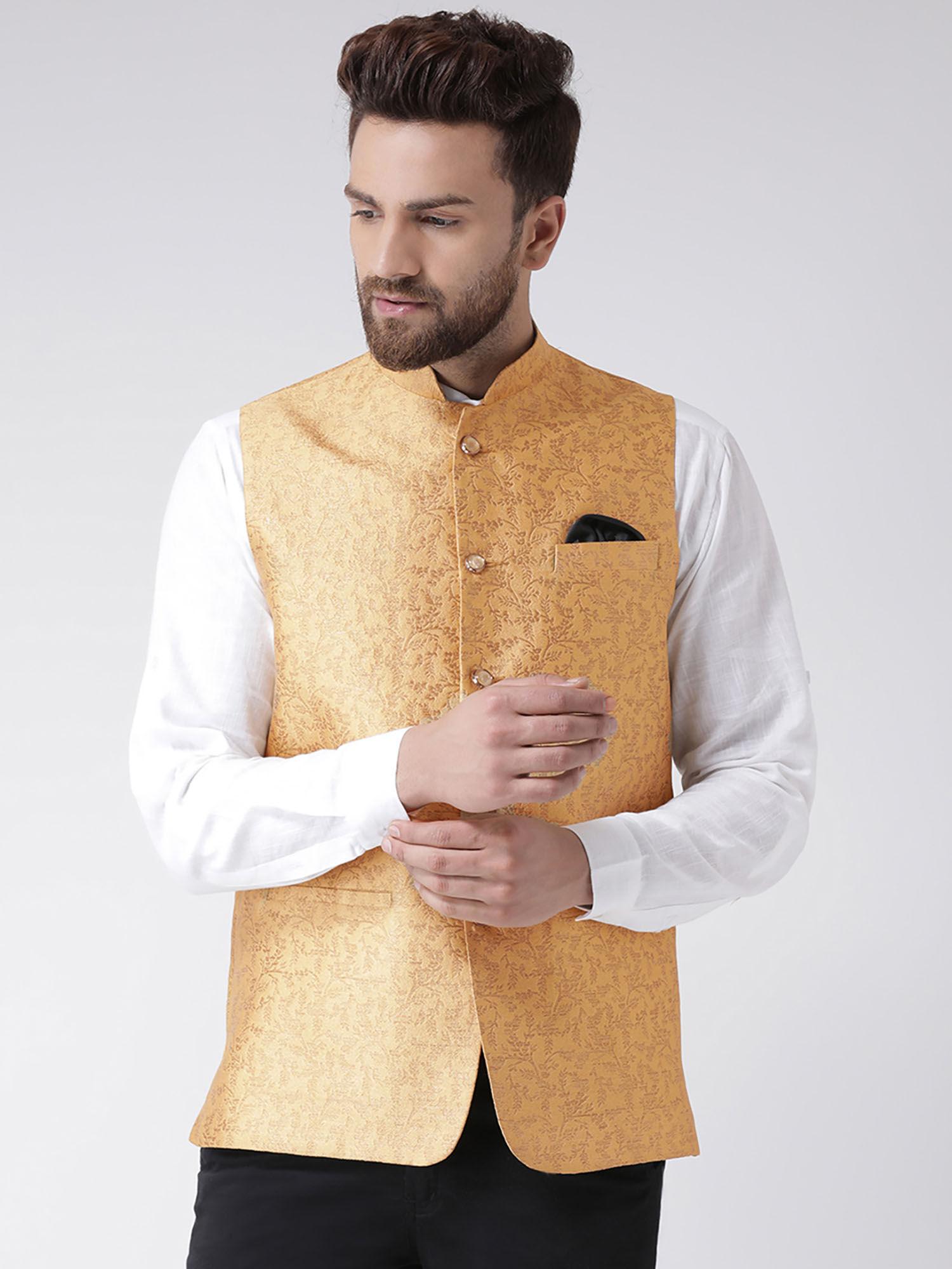 beige printed jacquard nehru jacket