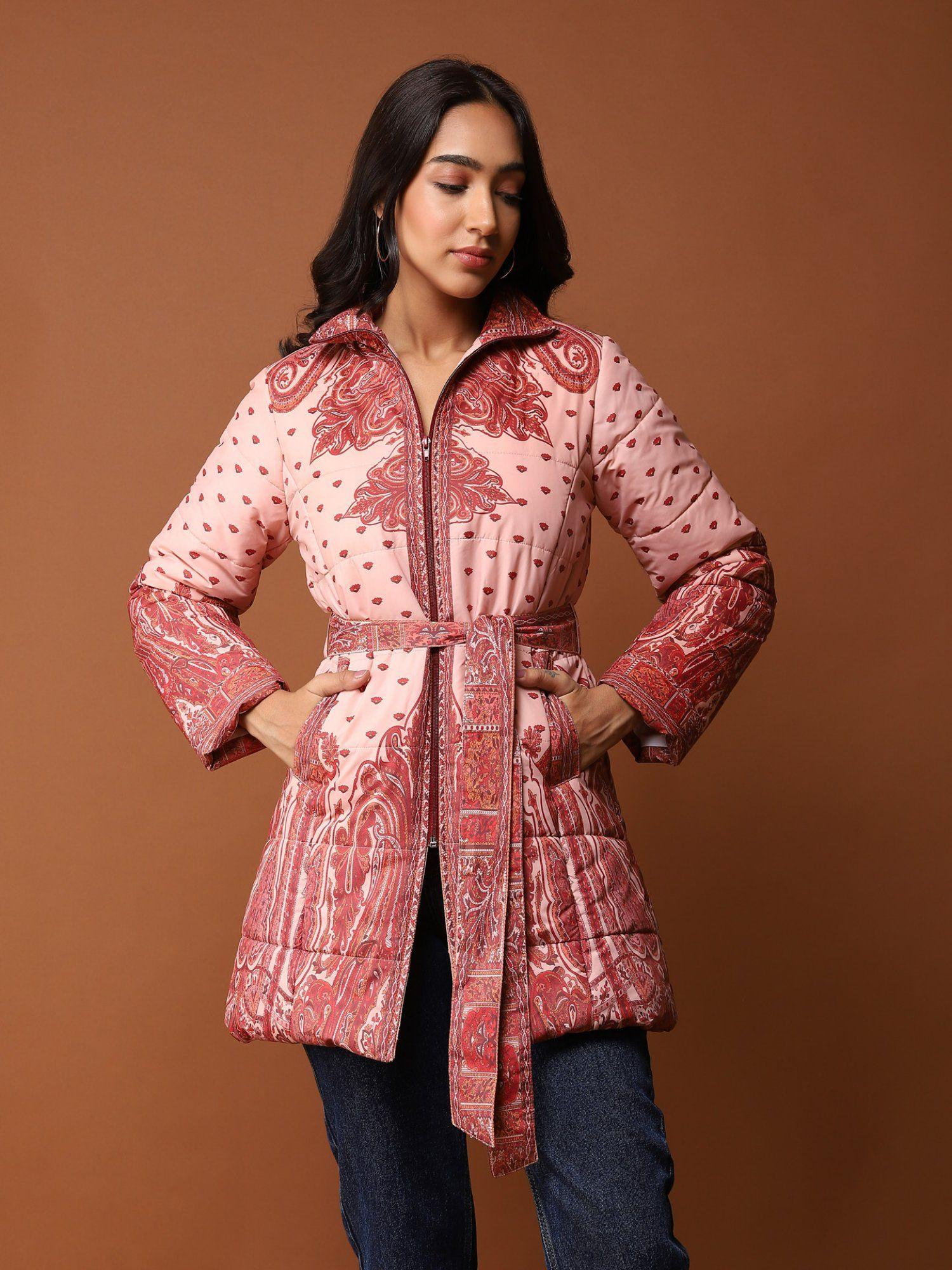 beige printed quilted puffer jacket with belt