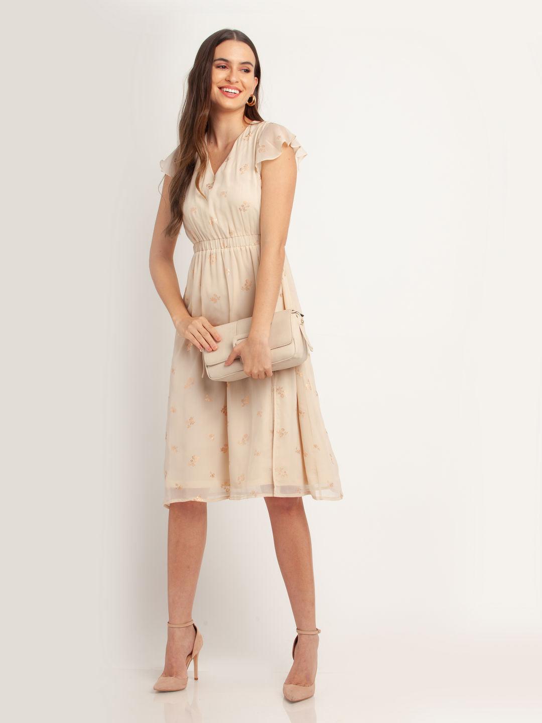 beige printed ruffled midi dress for women