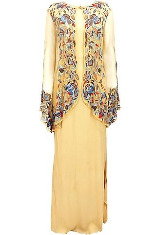 beige queen bee gown with floral embroidered sheer cape