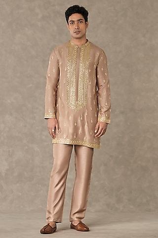 beige raw silk cutdana & dori embellished kurta set