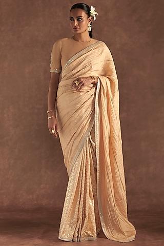 beige raw silk embellished & printed saree set