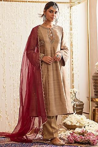 beige raw silk sequins & crystal hand embellished kurta set