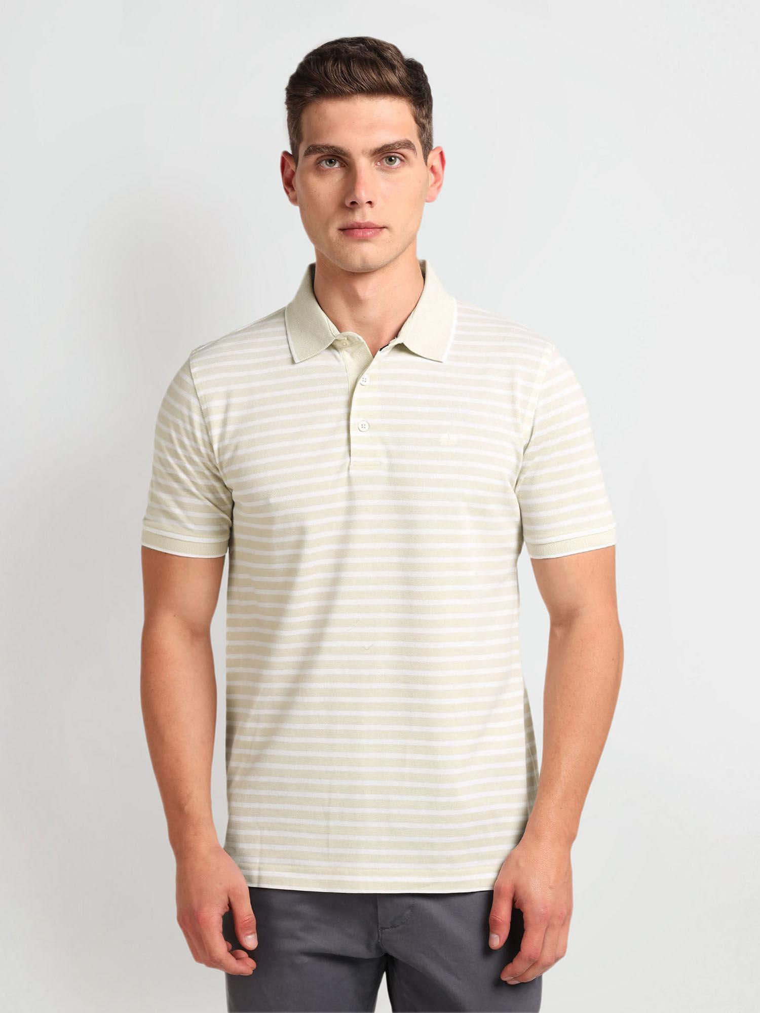 beige regular fit stripes polo t-shirt