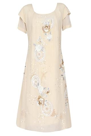 beige rosette pattern high low dress with plaited tie up robe belt