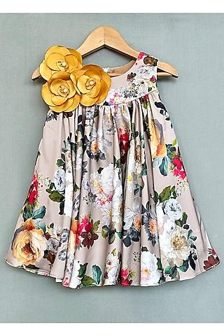 beige satin handmade floral dress for girls