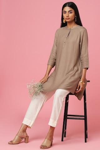 beige-self-design-casual-3/4th-sleeves-mandarin-women-regular-fit-tunic