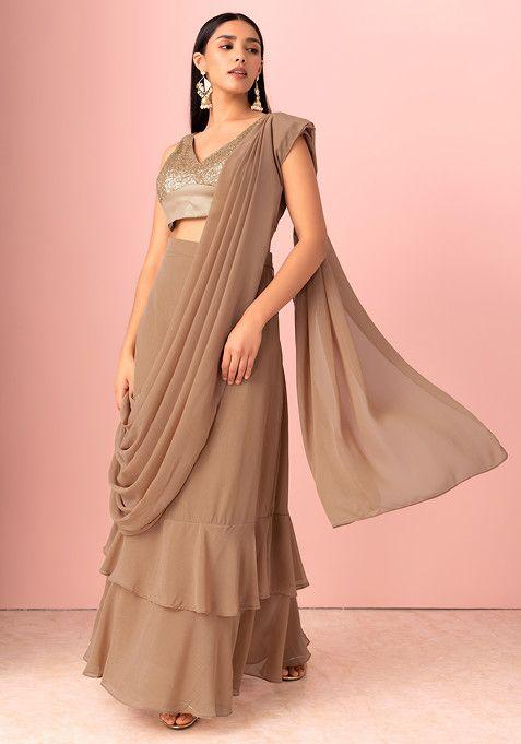 beige shimmer ruffled pre-stitched saree