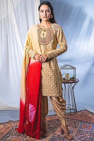 beige silk blend embroidered kurta set for girls