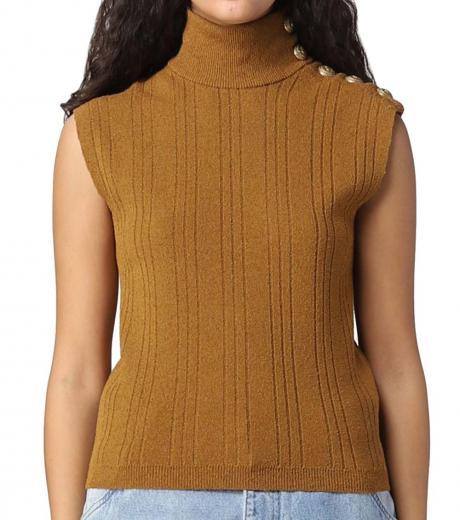 beige sleeveless high-neck knit top