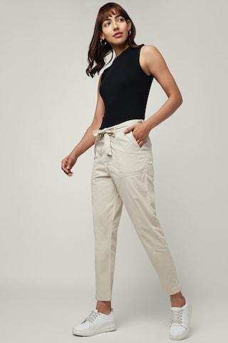beige solid ankle length high rise casual women regular fit trousers