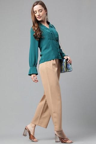 beige solid ankle-length casual women flared fit trousers