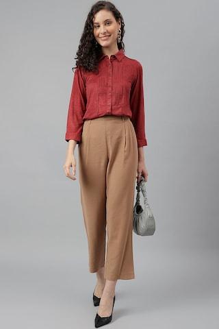 beige solid ankle-length casual women straight fit trousers