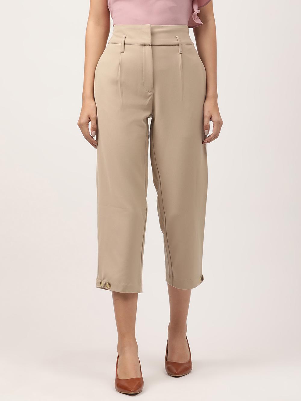 beige solid tapered fit trouser