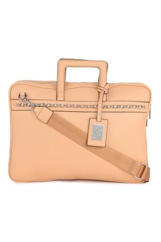 beige textured casual pu women laptop bag