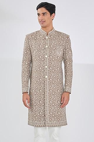 beige wool blend embroidered sherwani