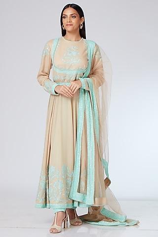 beige & aqua silk embellished achkan anarkali set