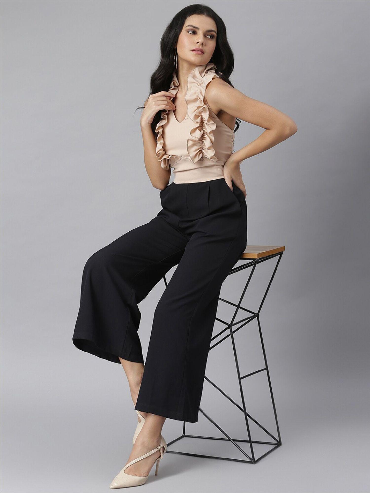 beige & black basic jumpsuit with ruffles