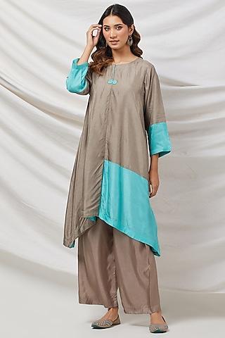 beige & blue cotton silk tunic set