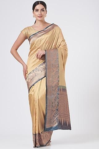 beige & blue katan silk saree set