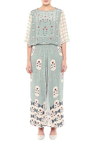 beige & blue printed top with palazzo pants