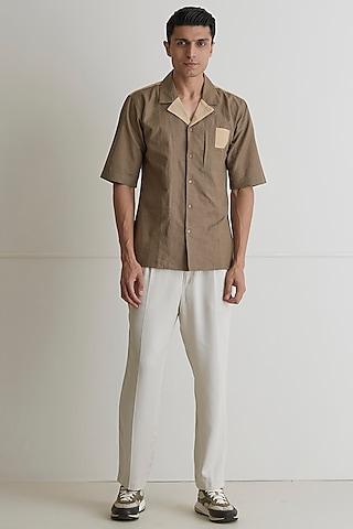 beige & brown cotton linen shirt