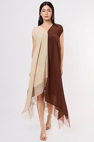 beige & brown crepe midi dress