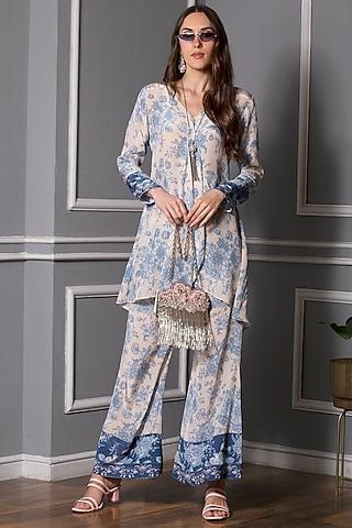 beige & cobalt blue floral printed tunic set