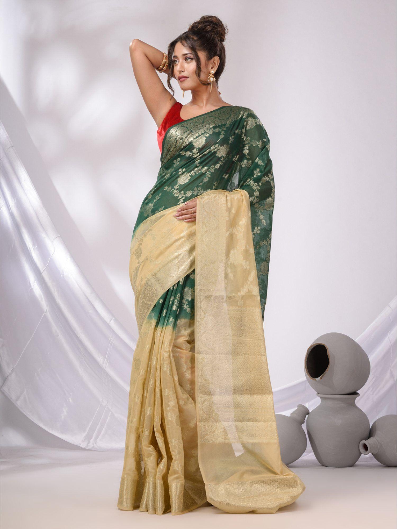 beige & dark green georgette handwoven saree with floral designs & unstitched blouse