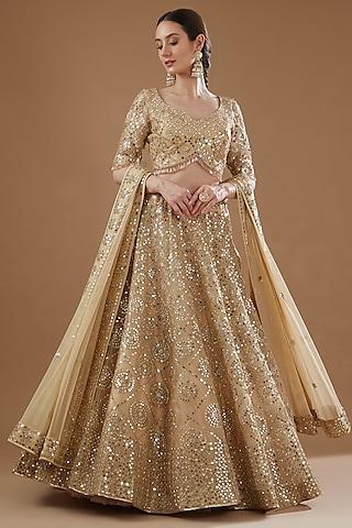 beige & gold dupion silk embroidered lehenga set