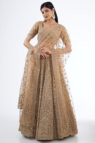 beige & gold velvet hand & machine embroidery lehenga set