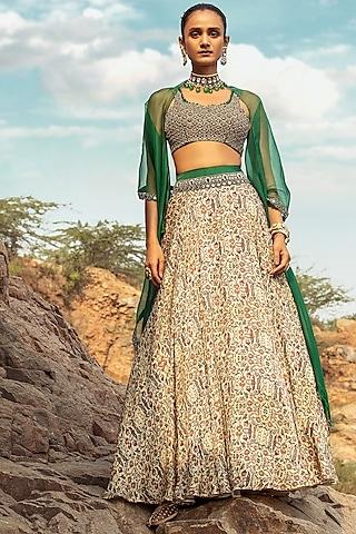 beige & green embroidered skirt set with drape