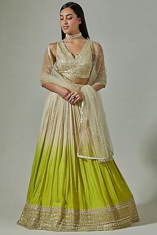 beige & green ombre crepe embroidered lehenga set